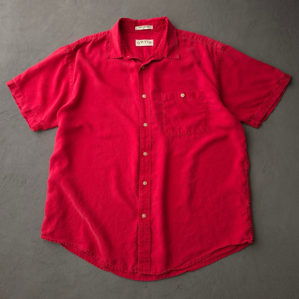 Vintage 2000s Orvis Red Short Sleeve Button Up XL Hemp Tencel Blend